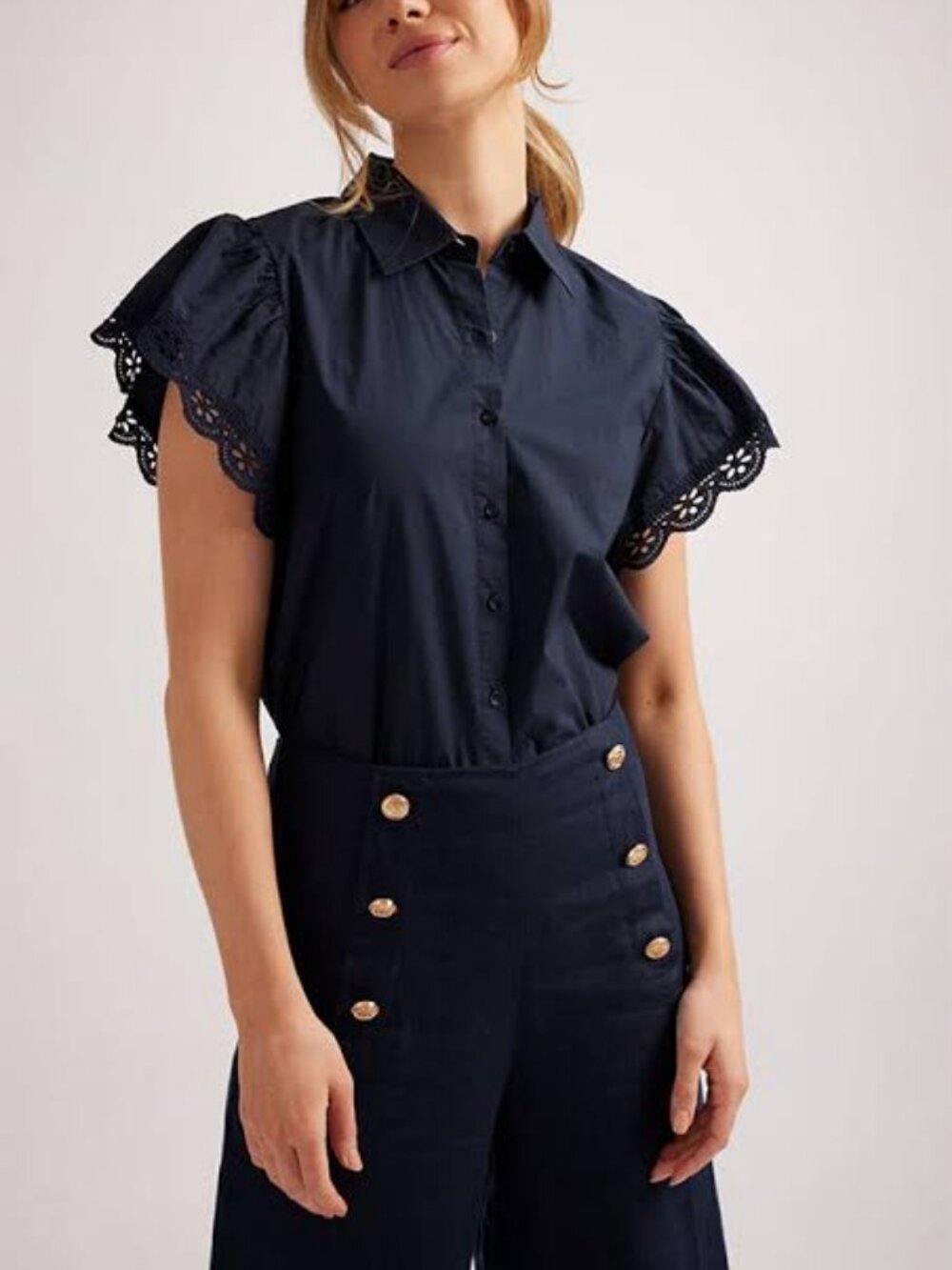 Pearl by Lela Rose Navy Poplin Top Flutter Ruffle Sleeves Eyelet Button Up 2